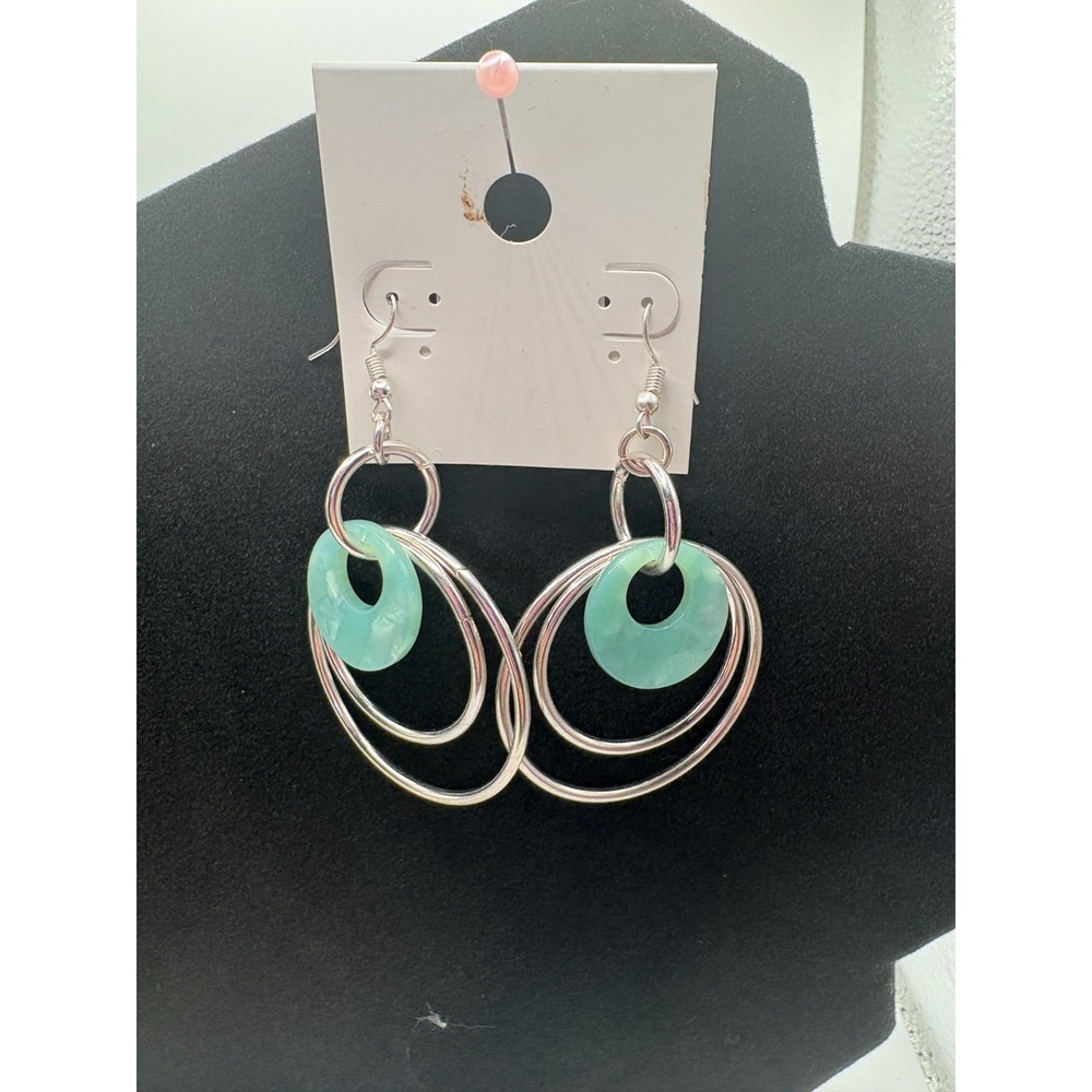 Boho Dangle Earrings Silver Double Ring Green Stone Mint Drop Hook Jewelry